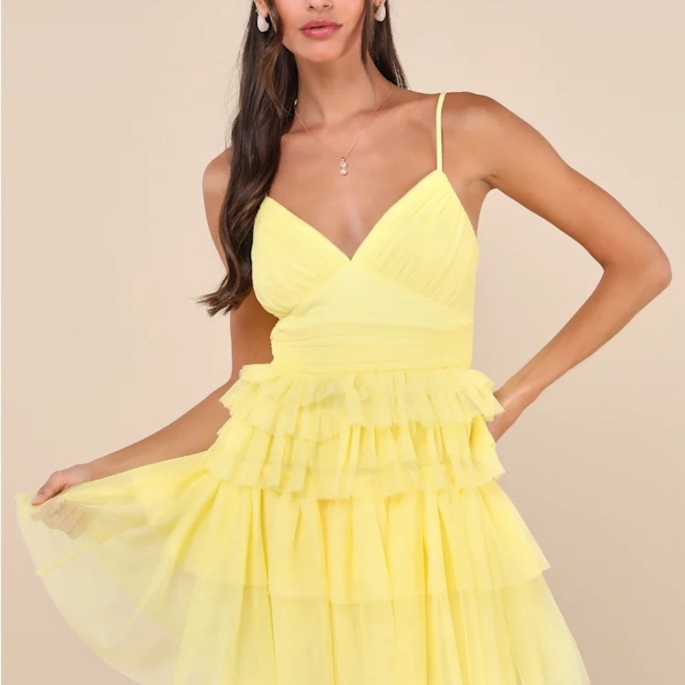 Lulu's Special Poise Yellow Tulle Pleated Sleeveless Tiered Mini Dress